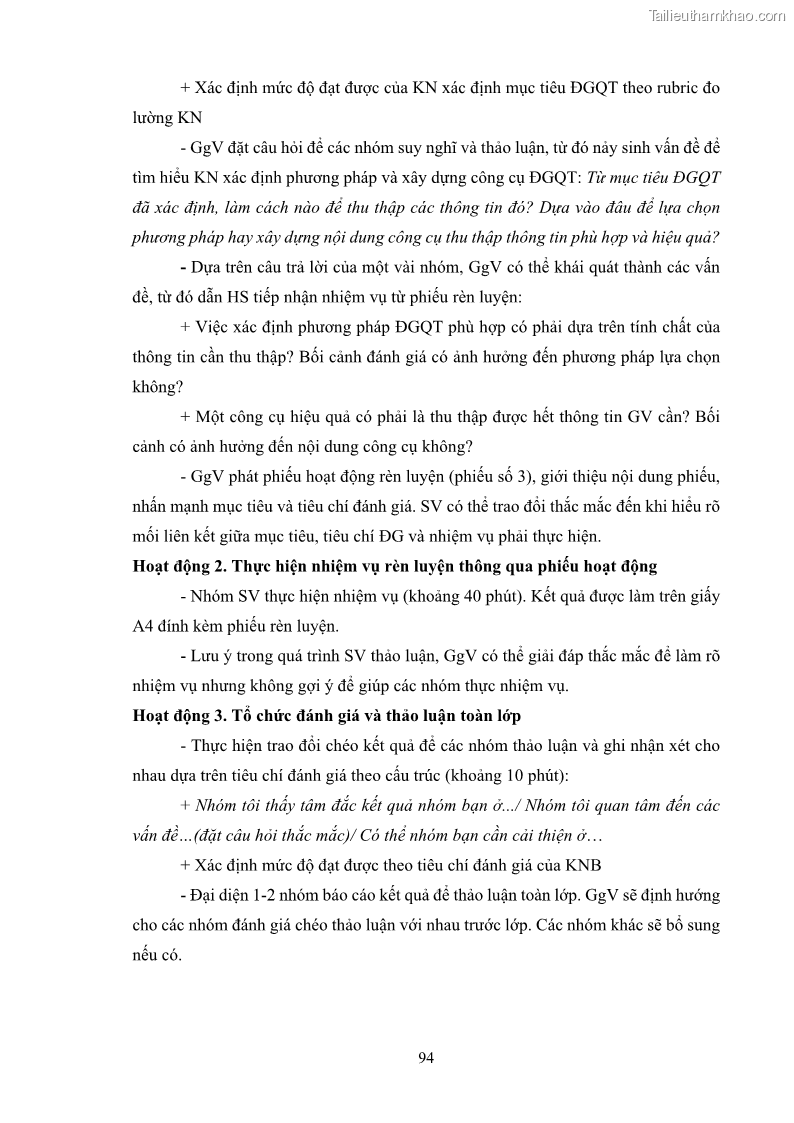 Luận án tiến sĩ khoa học giáo dục Rèn luyện cho sinh viên đại học sư phạm kĩ năng đánh giá quá trình trong dạy học sinh học ở trường phổ thông - 9 Trang 105
