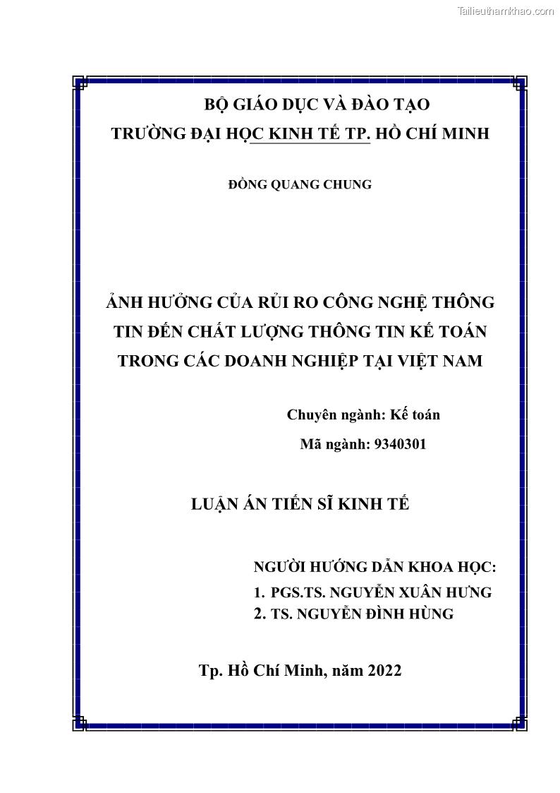 Luận án tiến sĩ kinh tế Ảnh hưởng của rủi ro công nghệ thông tin đến chất lượng thông tin kế toán trong các doanh nghiệp tại Việt Nam - 1 Trang 1