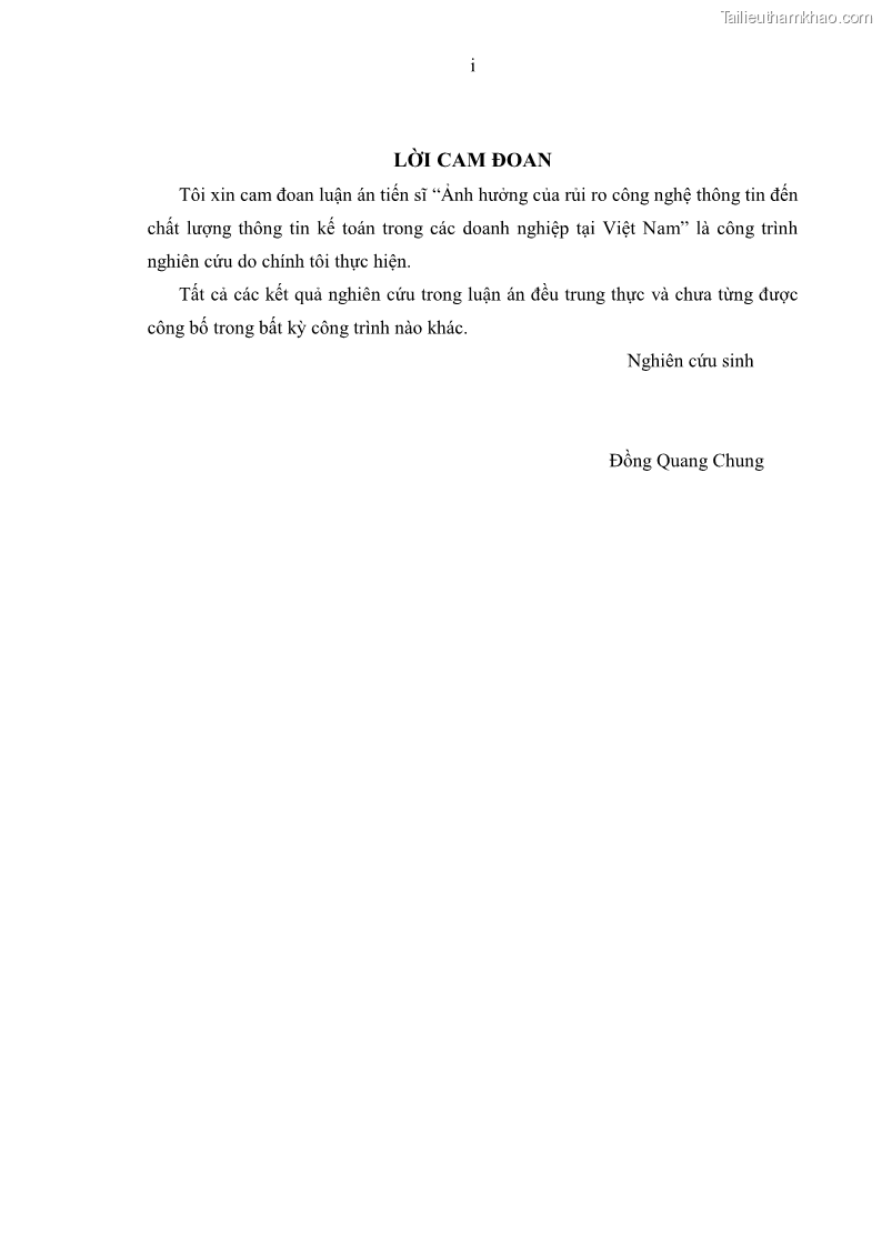 Luận án tiến sĩ kinh tế Ảnh hưởng của rủi ro công nghệ thông tin đến chất lượng thông tin kế toán trong các doanh nghiệp tại Việt Nam - 1 Trang 3
