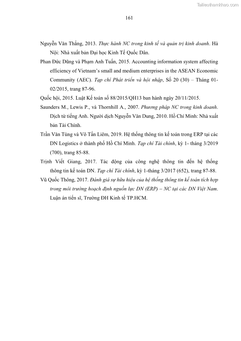 Luận án tiến sĩ kinh tế Ảnh hưởng của rủi ro công nghệ thông tin đến chất lượng thông tin kế toán trong các doanh nghiệp tại Việt Nam - 15 Trang 179
