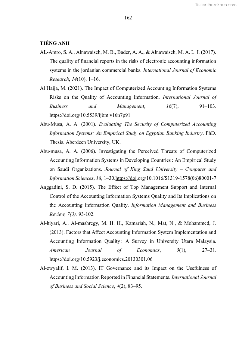 Luận án tiến sĩ kinh tế Ảnh hưởng của rủi ro công nghệ thông tin đến chất lượng thông tin kế toán trong các doanh nghiệp tại Việt Nam - 15 Trang 180
