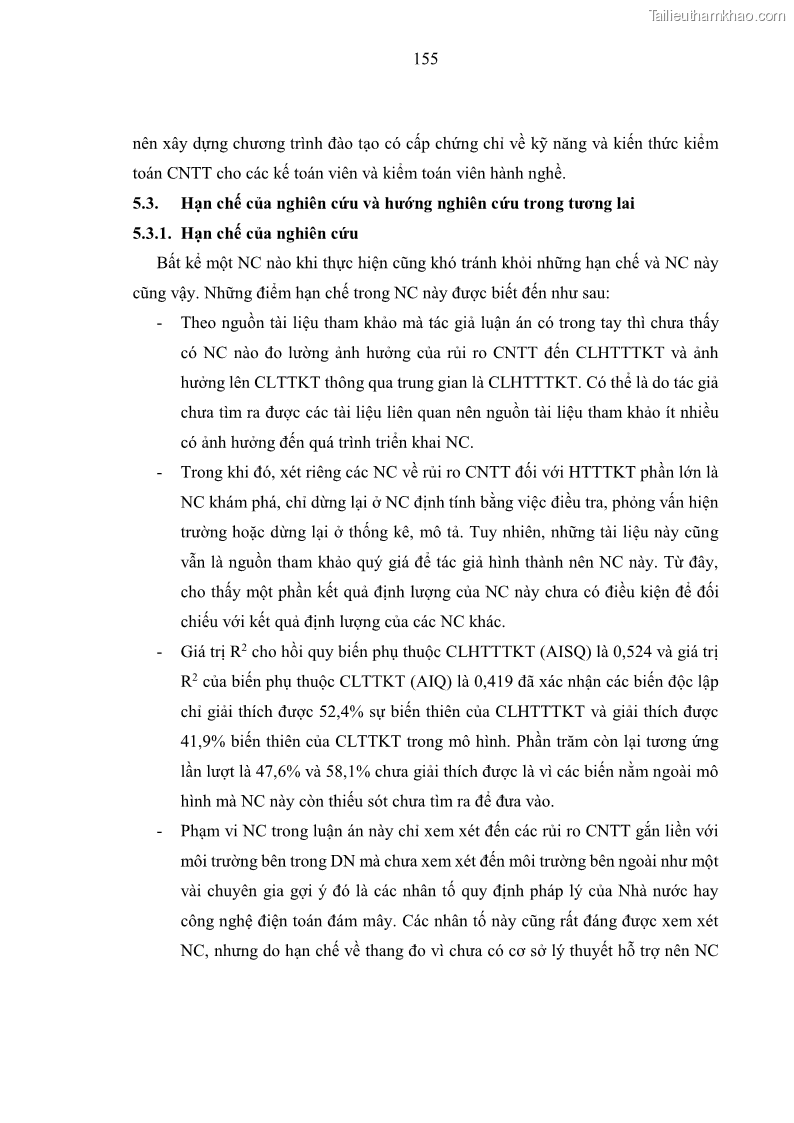 Luận án tiến sĩ kinh tế Ảnh hưởng của rủi ro công nghệ thông tin đến chất lượng thông tin kế toán trong các doanh nghiệp tại Việt Nam - 15 Trang 173