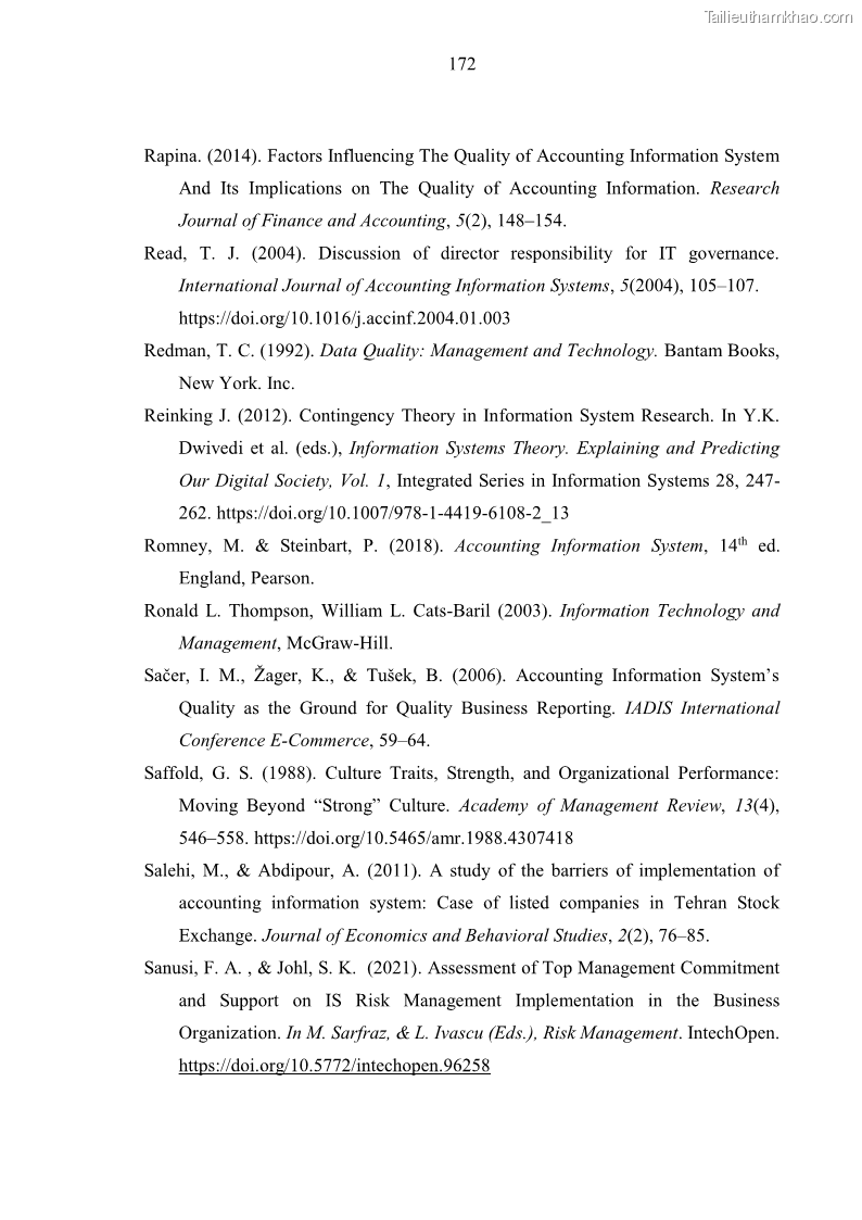 Luận án tiến sĩ kinh tế Ảnh hưởng của rủi ro công nghệ thông tin đến chất lượng thông tin kế toán trong các doanh nghiệp tại Việt Nam - 16 Trang 190