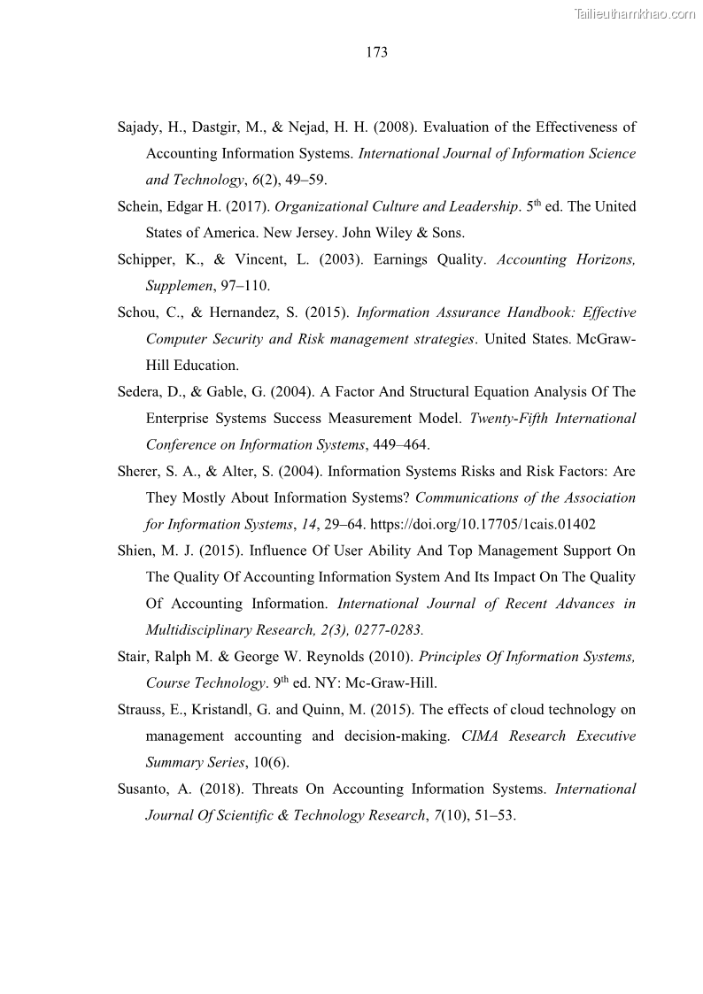 Luận án tiến sĩ kinh tế Ảnh hưởng của rủi ro công nghệ thông tin đến chất lượng thông tin kế toán trong các doanh nghiệp tại Việt Nam - 16 Trang 191