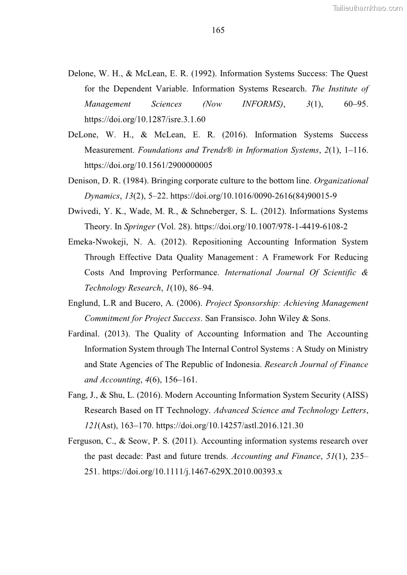 Luận án tiến sĩ kinh tế Ảnh hưởng của rủi ro công nghệ thông tin đến chất lượng thông tin kế toán trong các doanh nghiệp tại Việt Nam - 16 Trang 183