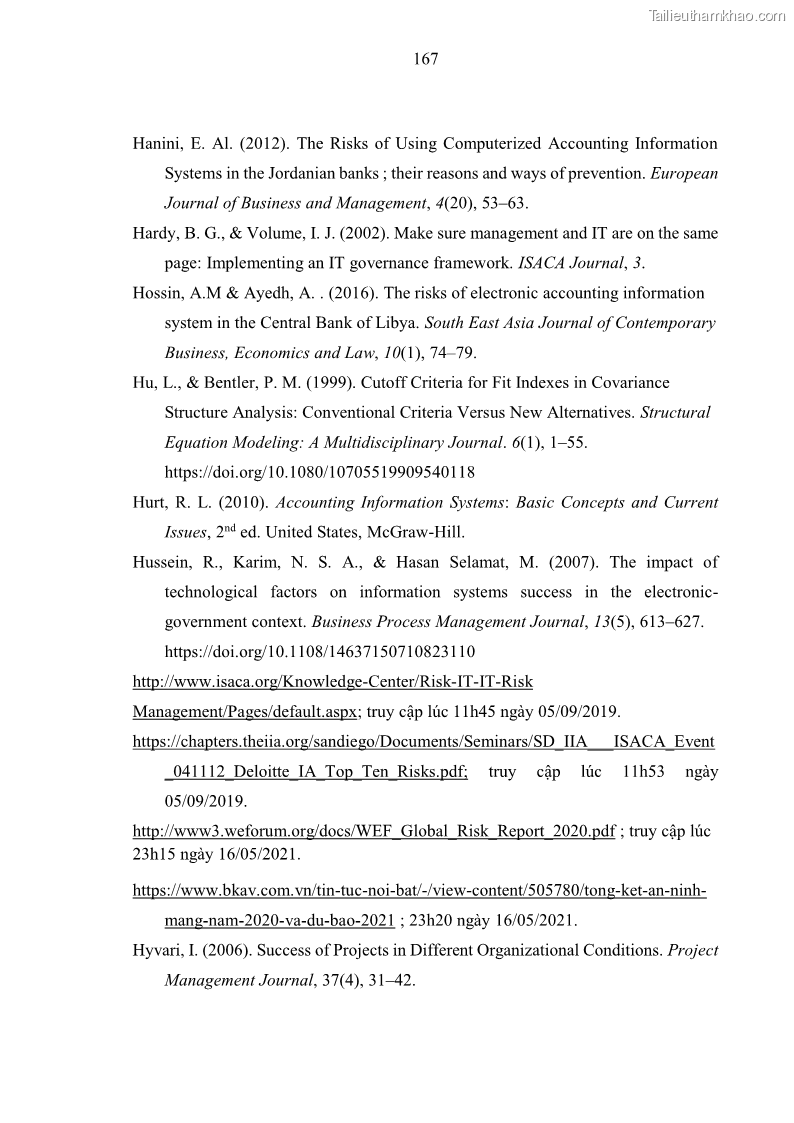 Luận án tiến sĩ kinh tế Ảnh hưởng của rủi ro công nghệ thông tin đến chất lượng thông tin kế toán trong các doanh nghiệp tại Việt Nam - 16 Trang 185
