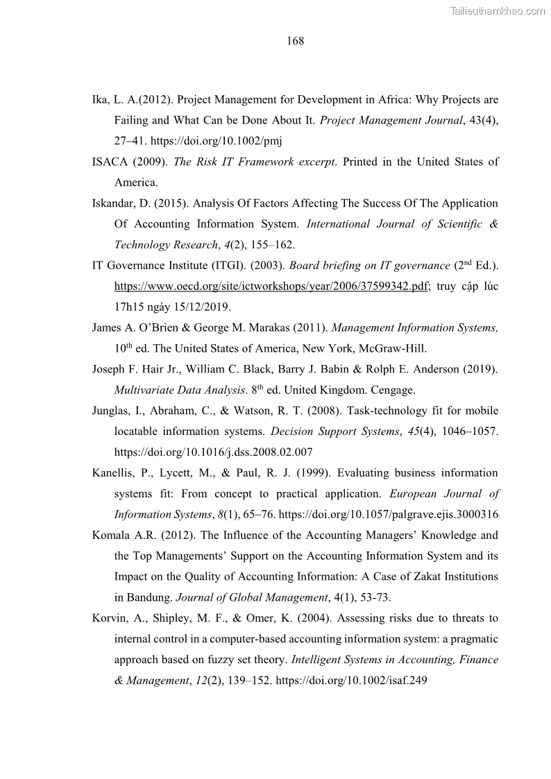 Luận án tiến sĩ kinh tế Ảnh hưởng của rủi ro công nghệ thông tin đến chất lượng thông tin kế toán trong các doanh nghiệp tại Việt Nam - 16 Trang 186