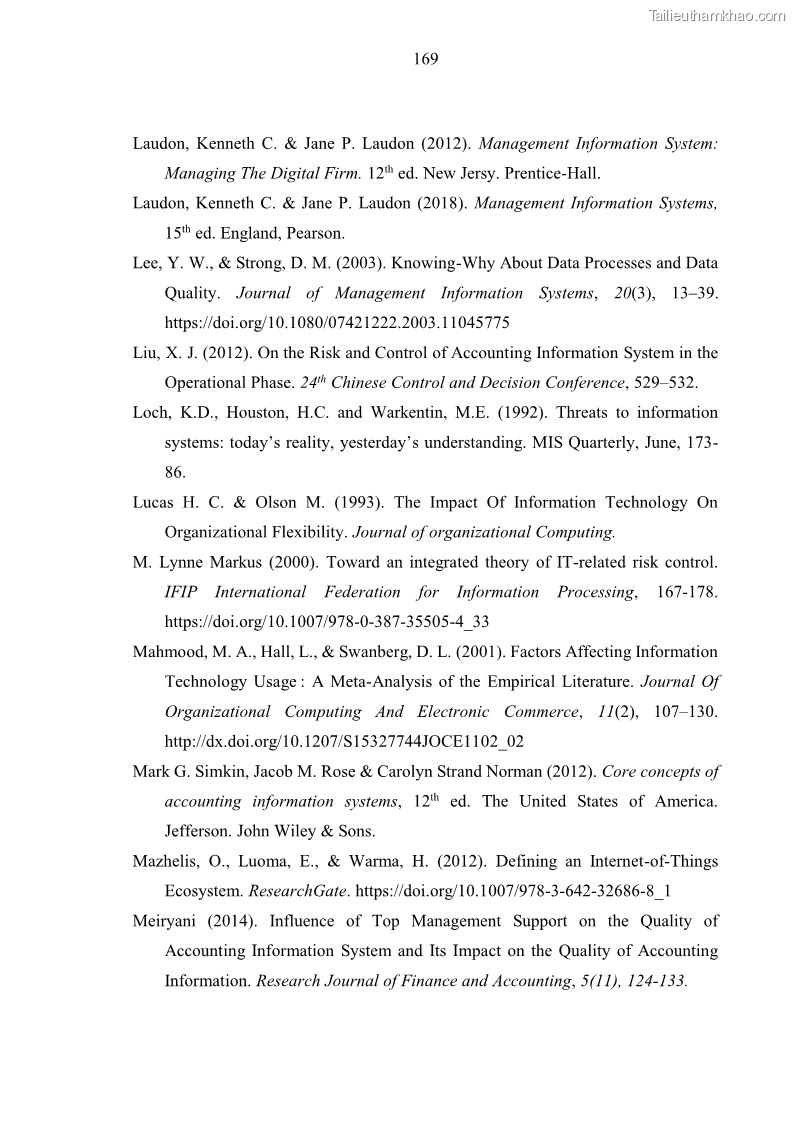 Luận án tiến sĩ kinh tế Ảnh hưởng của rủi ro công nghệ thông tin đến chất lượng thông tin kế toán trong các doanh nghiệp tại Việt Nam - 16 Trang 187