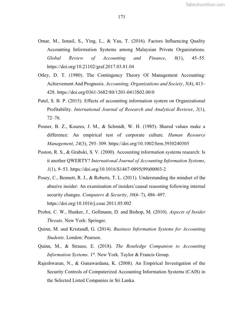 Luận án tiến sĩ kinh tế Ảnh hưởng của rủi ro công nghệ thông tin đến chất lượng thông tin kế toán trong các doanh nghiệp tại Việt Nam - 16 Trang 189