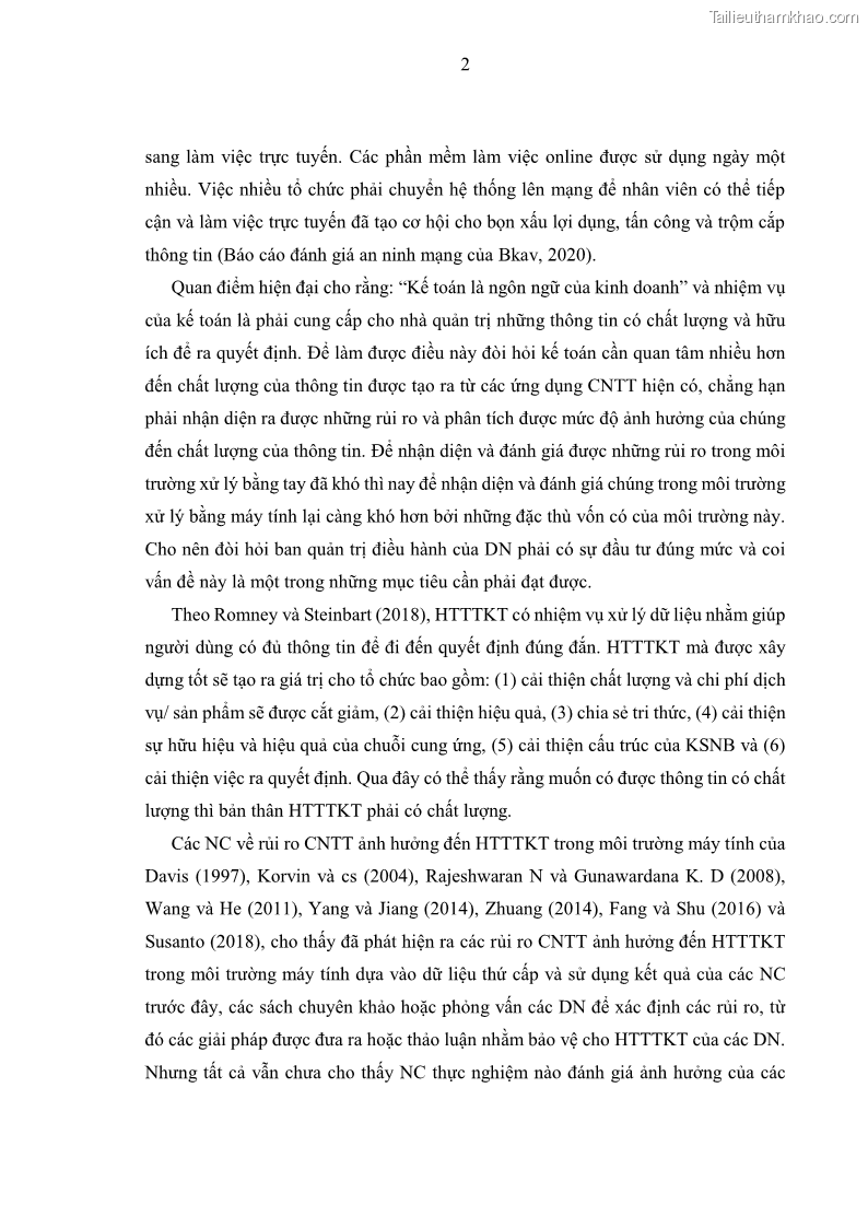 Luận án tiến sĩ kinh tế Ảnh hưởng của rủi ro công nghệ thông tin đến chất lượng thông tin kế toán trong các doanh nghiệp tại Việt Nam - 2 Trang 20