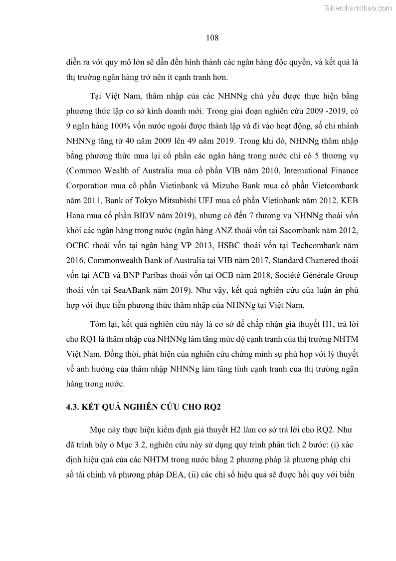 Luận án tiến sĩ kinh tế Ảnh hưởng của thâm nhập ngân hàng nước ngoài đến cạnh tranh và hiệu quả của các NHTM Việt Nam - 11 Trang 124