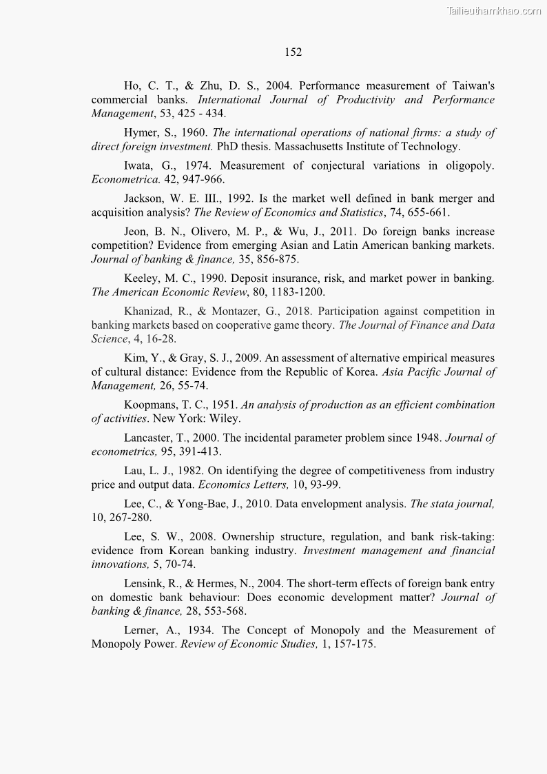 Luận án tiến sĩ kinh tế Ảnh hưởng của thâm nhập ngân hàng nước ngoài đến cạnh tranh và hiệu quả của các NHTM Việt Nam - 14 Trang 168