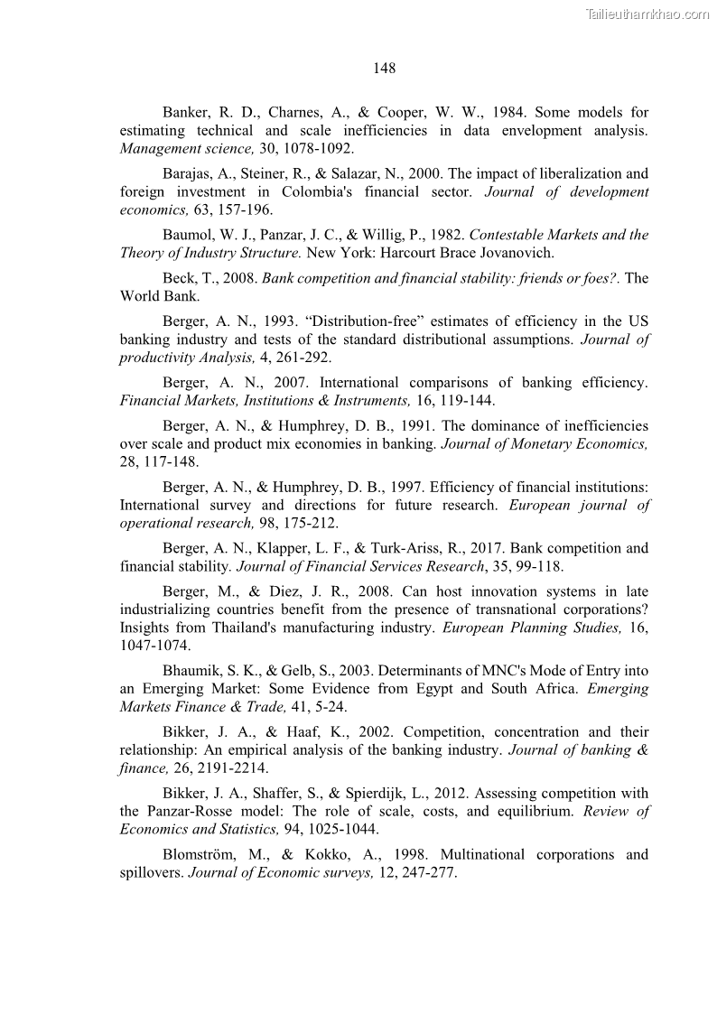 Luận án tiến sĩ kinh tế Ảnh hưởng của thâm nhập ngân hàng nước ngoài đến cạnh tranh và hiệu quả của các NHTM Việt Nam - 14 Trang 164