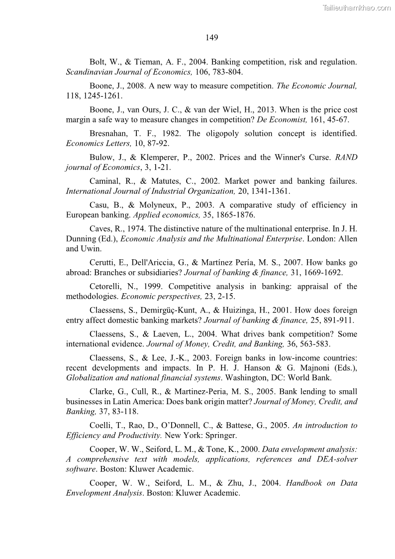 Luận án tiến sĩ kinh tế Ảnh hưởng của thâm nhập ngân hàng nước ngoài đến cạnh tranh và hiệu quả của các NHTM Việt Nam - 14 Trang 165