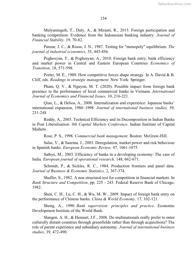 Luận án tiến sĩ kinh tế Ảnh hưởng của thâm nhập ngân hàng nước ngoài đến cạnh tranh và hiệu quả của các NHTM Việt Nam - 15 Trang 170
