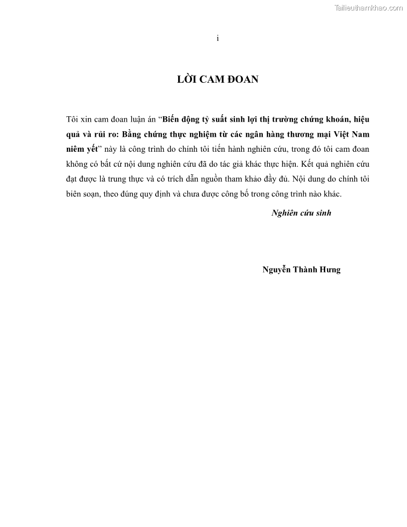 Luận án tiến sĩ kinh tế Biến động tỷ suất sinh lợi thị trường chứng khoán, hiệu quả và rủi ro: Bằng chứng thực nghiệm từ các ngân hàng thương mại Việt Nam niêm yết - 1 Trang 3
