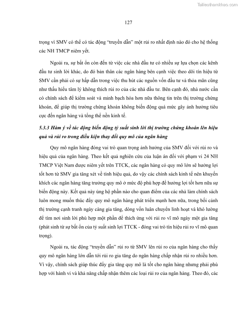Luận án tiến sĩ kinh tế Biến động tỷ suất sinh lợi thị trường chứng khoán, hiệu quả và rủi ro: Bằng chứng thực nghiệm từ các ngân hàng thương mại Việt Nam niêm yết - 12 Trang 142