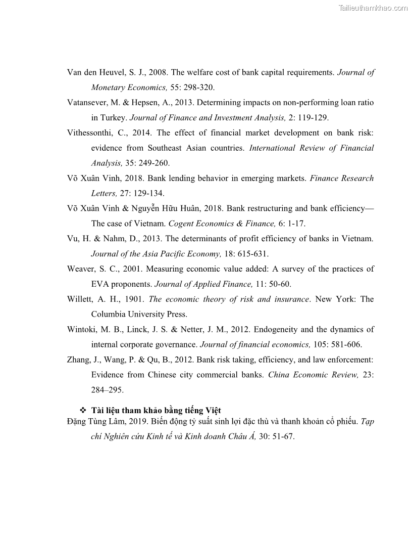 Luận án tiến sĩ kinh tế Biến động tỷ suất sinh lợi thị trường chứng khoán, hiệu quả và rủi ro: Bằng chứng thực nghiệm từ các ngân hàng thương mại Việt Nam niêm yết - 14 Trang 166