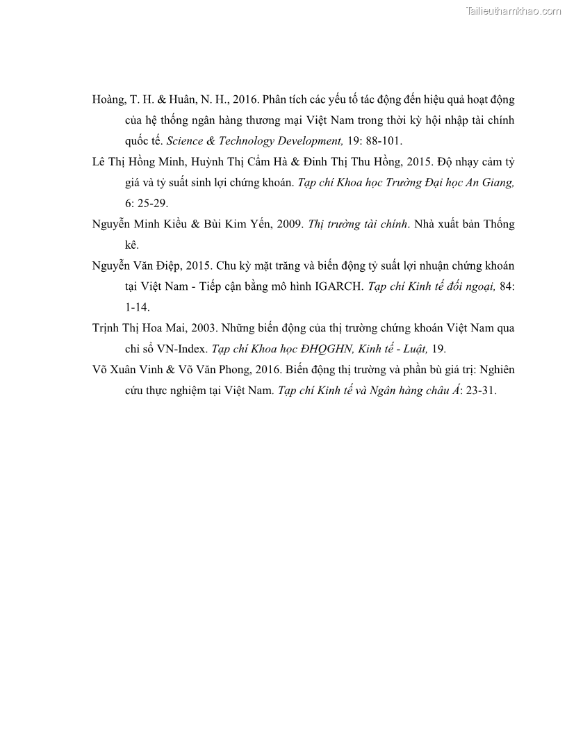 Luận án tiến sĩ kinh tế Biến động tỷ suất sinh lợi thị trường chứng khoán, hiệu quả và rủi ro: Bằng chứng thực nghiệm từ các ngân hàng thương mại Việt Nam niêm yết - 14 Trang 167