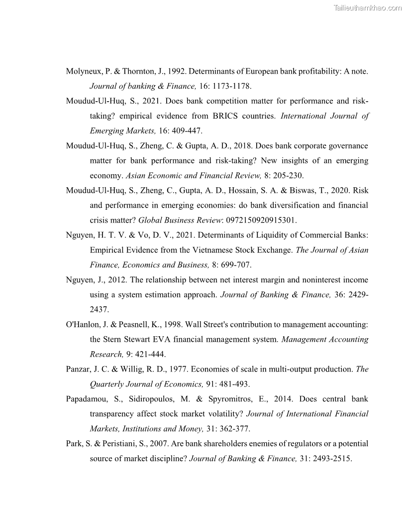 Luận án tiến sĩ kinh tế Biến động tỷ suất sinh lợi thị trường chứng khoán, hiệu quả và rủi ro: Bằng chứng thực nghiệm từ các ngân hàng thương mại Việt Nam niêm yết - 14 Trang 161