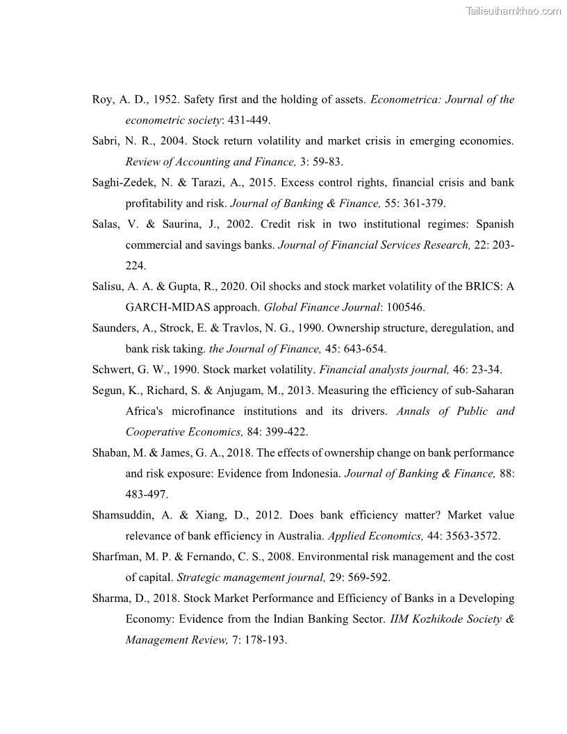 Luận án tiến sĩ kinh tế Biến động tỷ suất sinh lợi thị trường chứng khoán, hiệu quả và rủi ro: Bằng chứng thực nghiệm từ các ngân hàng thương mại Việt Nam niêm yết - 14 Trang 163