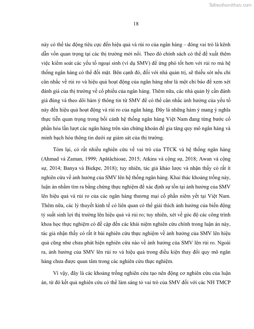 Luận án tiến sĩ kinh tế Biến động tỷ suất sinh lợi thị trường chứng khoán, hiệu quả và rủi ro: Bằng chứng thực nghiệm từ các ngân hàng thương mại Việt Nam niêm yết - 3 Trang 33