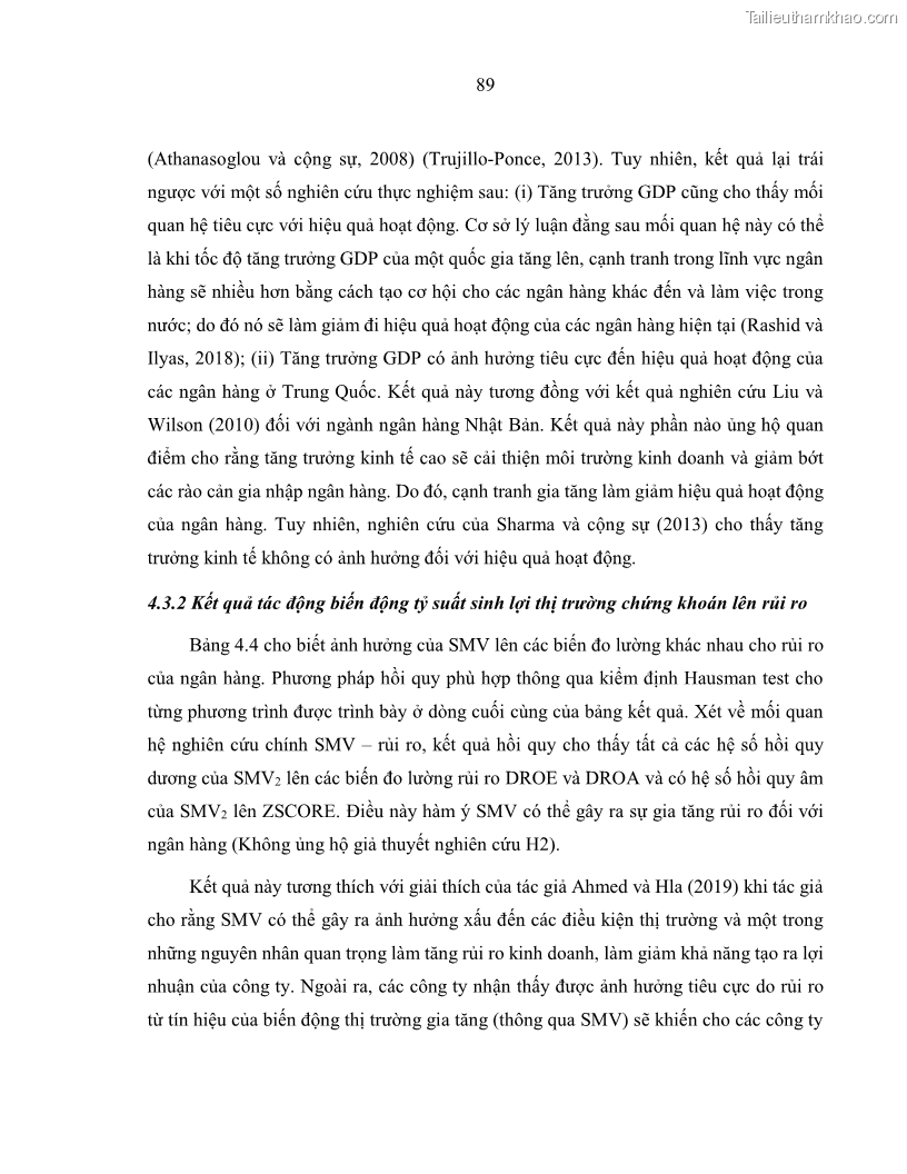 Luận án tiến sĩ kinh tế Biến động tỷ suất sinh lợi thị trường chứng khoán, hiệu quả và rủi ro: Bằng chứng thực nghiệm từ các ngân hàng thương mại Việt Nam niêm yết - 9 Trang 104