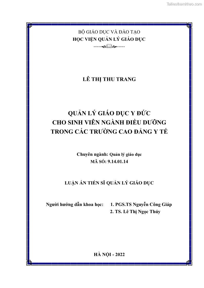 Luận án tiến sĩ quản lý giáo dục Quản lý giáo dục y đức cho sinh viên ngành điều dưỡng trong các trường cao đẳng y tế - 1 Trang 2