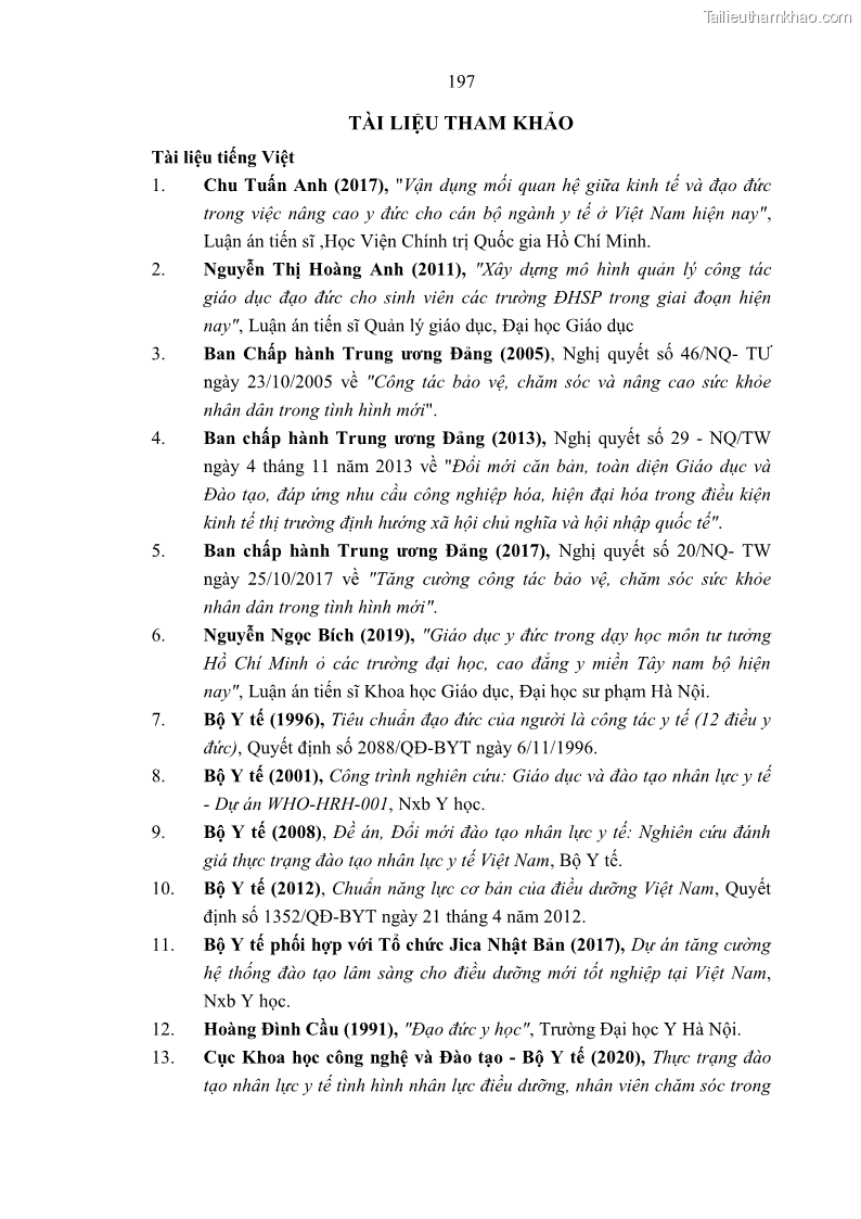 Luận án tiến sĩ quản lý giáo dục Quản lý giáo dục y đức cho sinh viên ngành điều dưỡng trong các trường cao đẳng y tế - 18 Trang 209