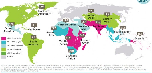 Hình 1 2 Phân bố trẻ em suy dinh dưỡng thấp còi 2019 Nguồn UNICEF WHO WB 2020 1