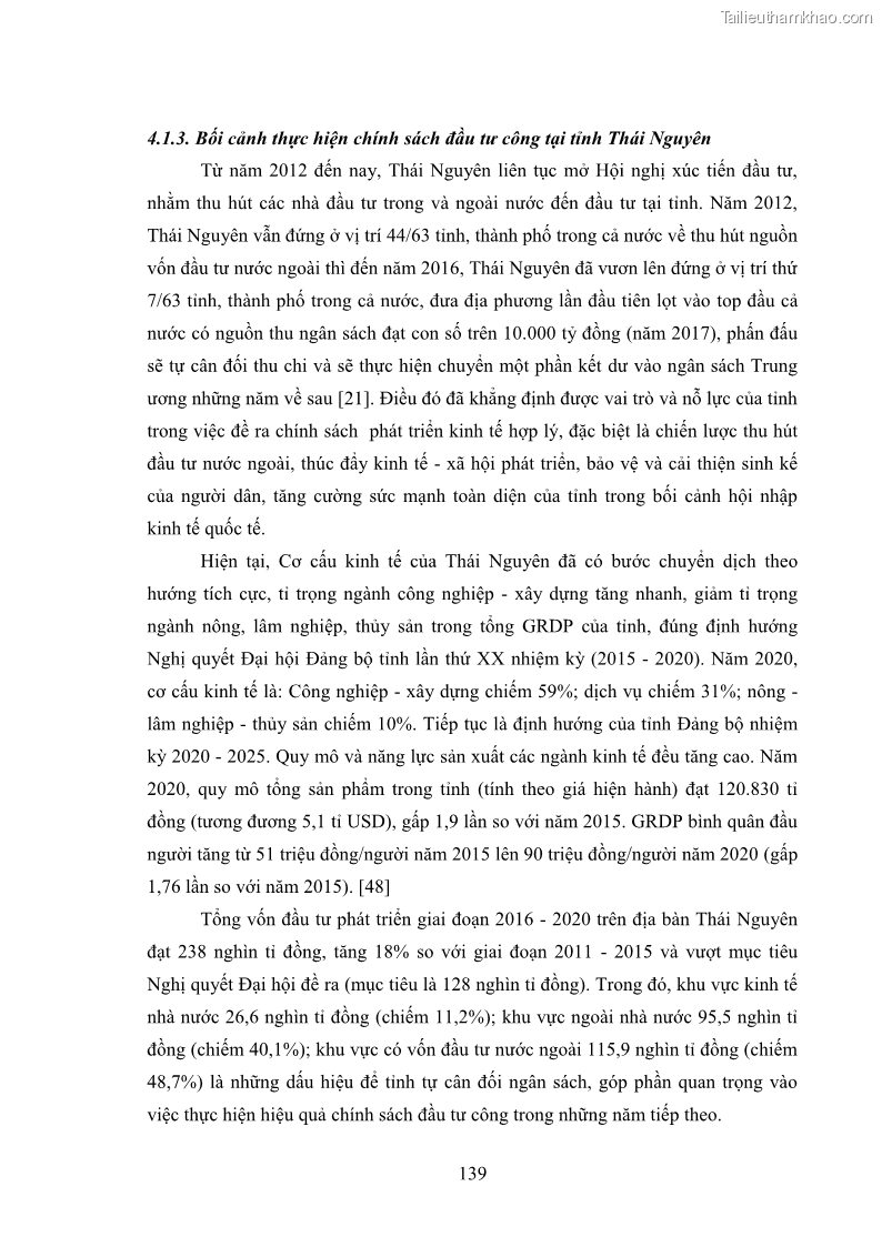 Luận án tiến sĩ chính sách công Chính sách đầu tư công từ thực tiễn tỉnh Thái Nguyên - 13 Trang 148
