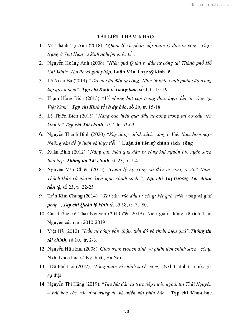 Luận án tiến sĩ chính sách công Chính sách đầu tư công từ thực tiễn tỉnh Thái Nguyên - 15 Trang 179