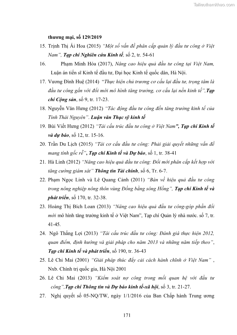 Luận án tiến sĩ chính sách công Chính sách đầu tư công từ thực tiễn tỉnh Thái Nguyên - 15 Trang 180