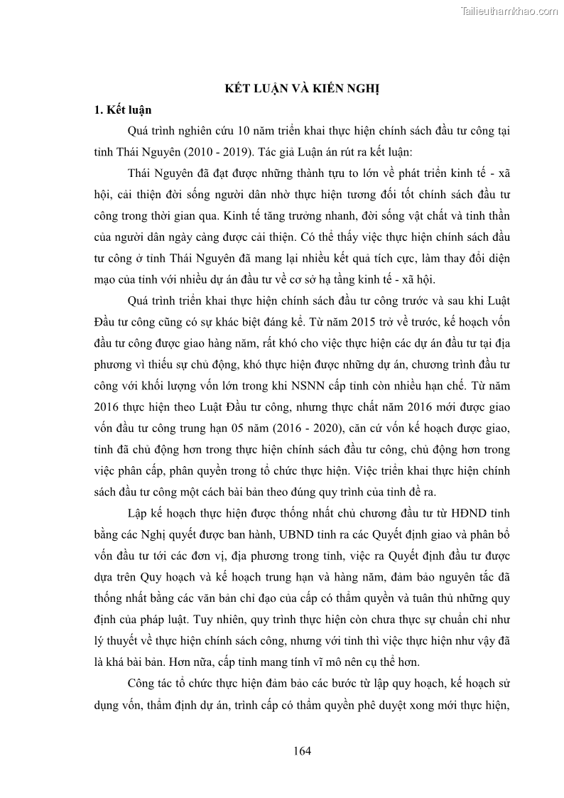 Luận án tiến sĩ chính sách công Chính sách đầu tư công từ thực tiễn tỉnh Thái Nguyên - 15 Trang 173