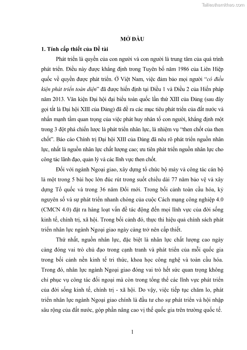 Luận án tiến sĩ chính sách công Thực hiện chính sách phát triển nhân lực ngành Ngoại giao ở Việt Nam hiện nay - 1 Trang 10