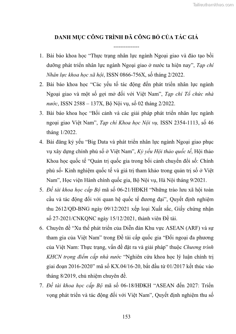 Luận án tiến sĩ chính sách công Thực hiện chính sách phát triển nhân lực ngành Ngoại giao ở Việt Nam hiện nay - 14 Trang 162