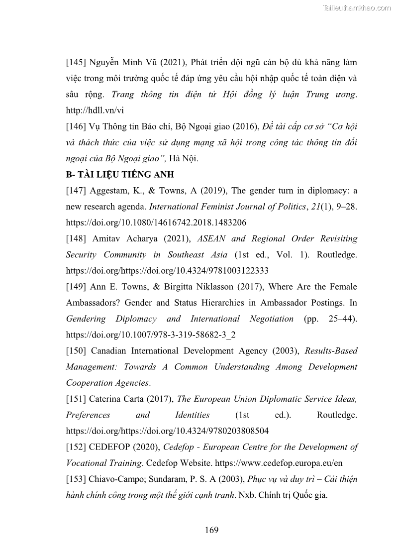 Luận án tiến sĩ chính sách công Thực hiện chính sách phát triển nhân lực ngành Ngoại giao ở Việt Nam hiện nay - 15 Trang 178