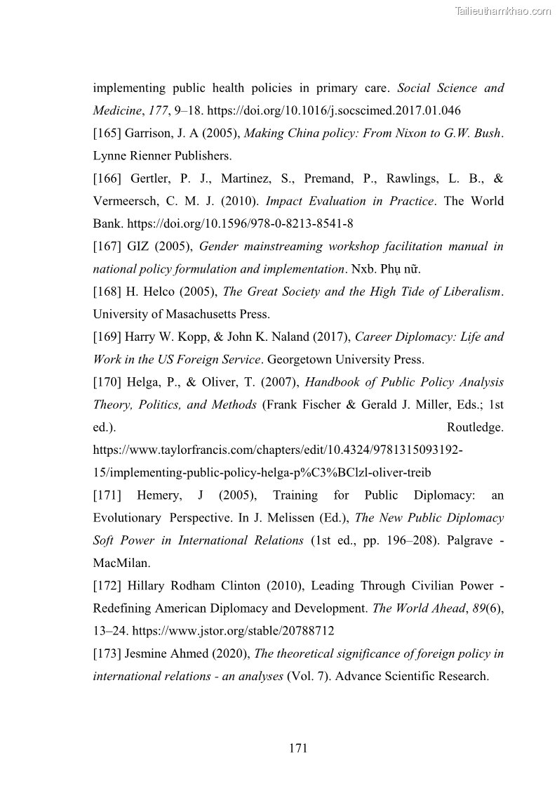 Luận án tiến sĩ chính sách công Thực hiện chính sách phát triển nhân lực ngành Ngoại giao ở Việt Nam hiện nay - 15 Trang 180