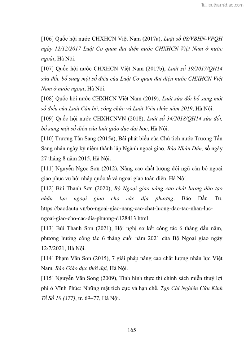 Luận án tiến sĩ chính sách công Thực hiện chính sách phát triển nhân lực ngành Ngoại giao ở Việt Nam hiện nay - 15 Trang 174