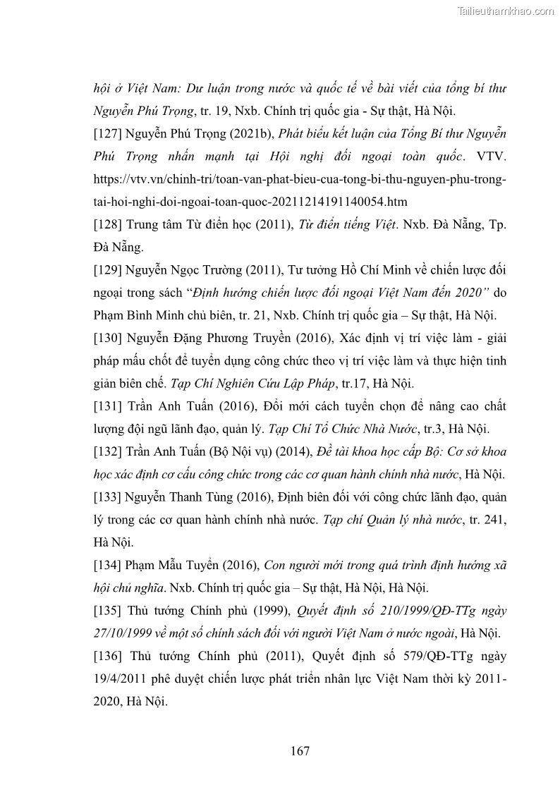 Luận án tiến sĩ chính sách công Thực hiện chính sách phát triển nhân lực ngành Ngoại giao ở Việt Nam hiện nay - 15 Trang 176