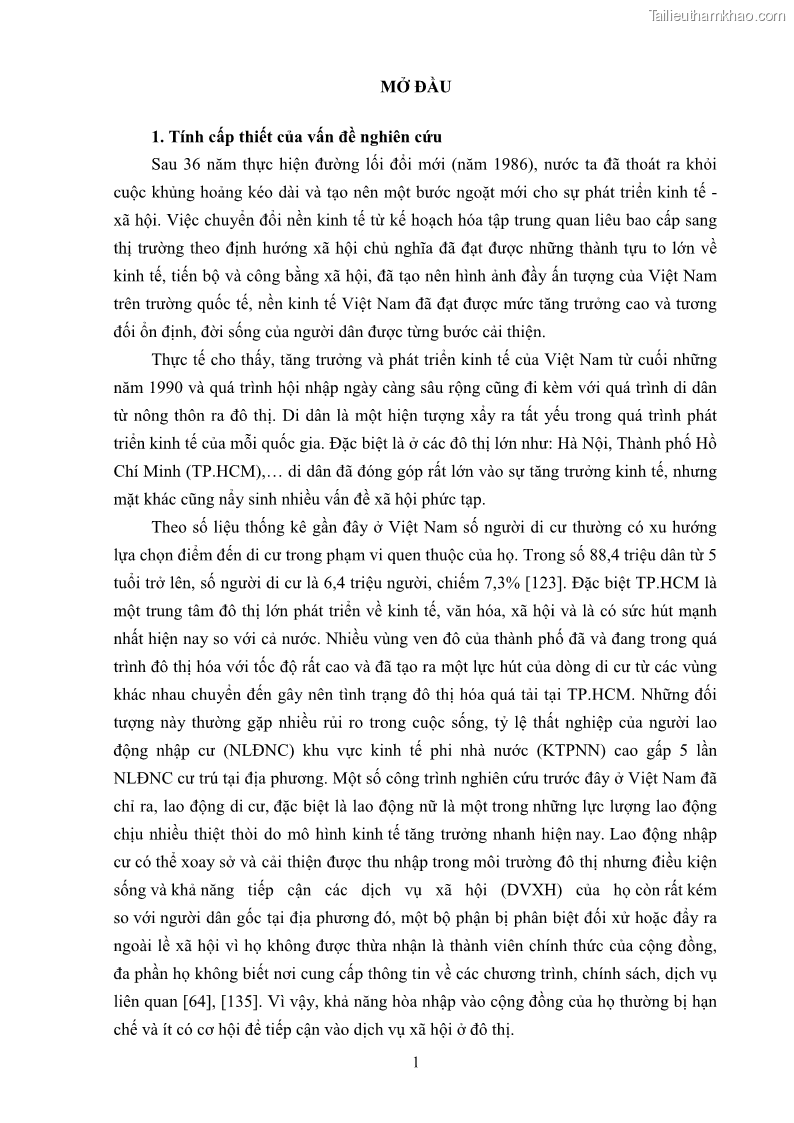 Luận án tiến sĩ công tác xã hội Dịch vụ công tác xã hội đối với người lao động nhập cư khu vực kinh tế phi nhà nước từ thực tiễn Thành phố Hồ Chí Minh - 1 Trang 11