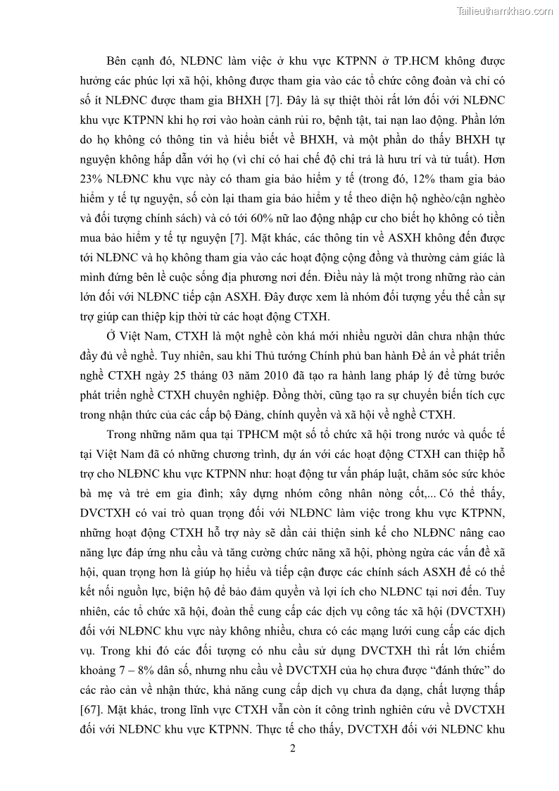 Luận án tiến sĩ công tác xã hội Dịch vụ công tác xã hội đối với người lao động nhập cư khu vực kinh tế phi nhà nước từ thực tiễn Thành phố Hồ Chí Minh - 1 Trang 12