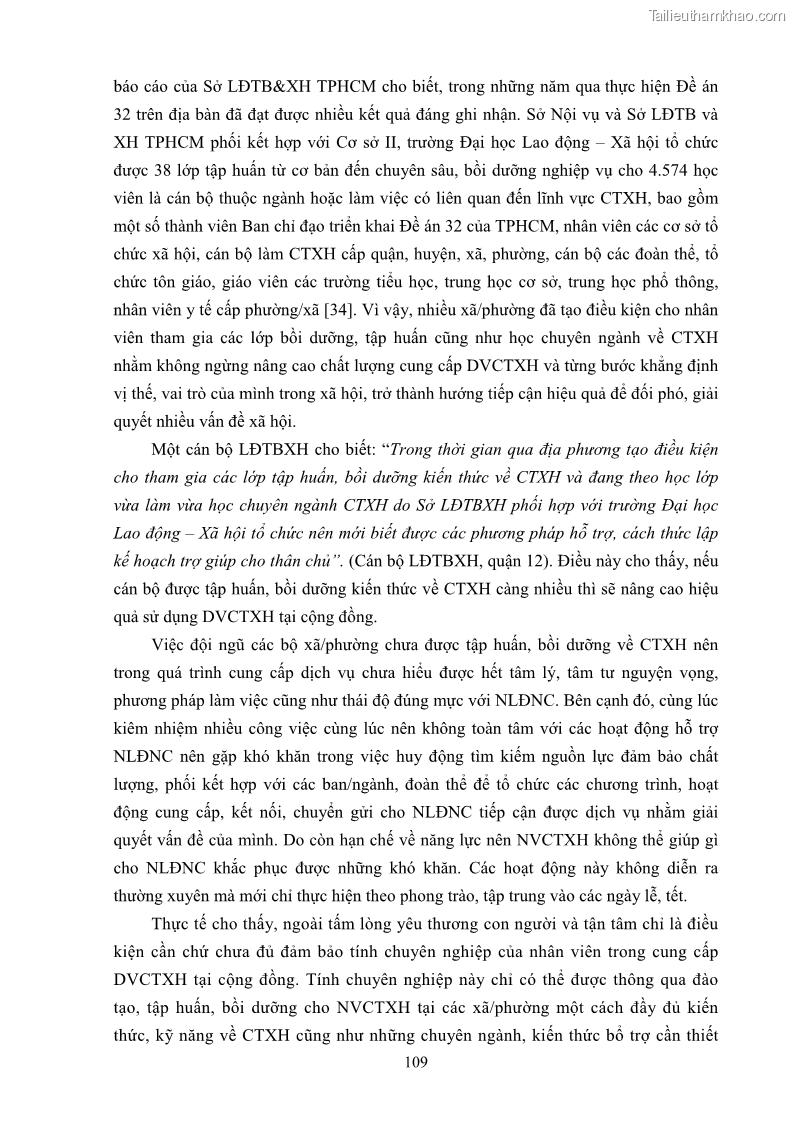 Luận án tiến sĩ công tác xã hội Dịch vụ công tác xã hội đối với người lao động nhập cư khu vực kinh tế phi nhà nước từ thực tiễn Thành phố Hồ Chí Minh - 10 Trang 119
