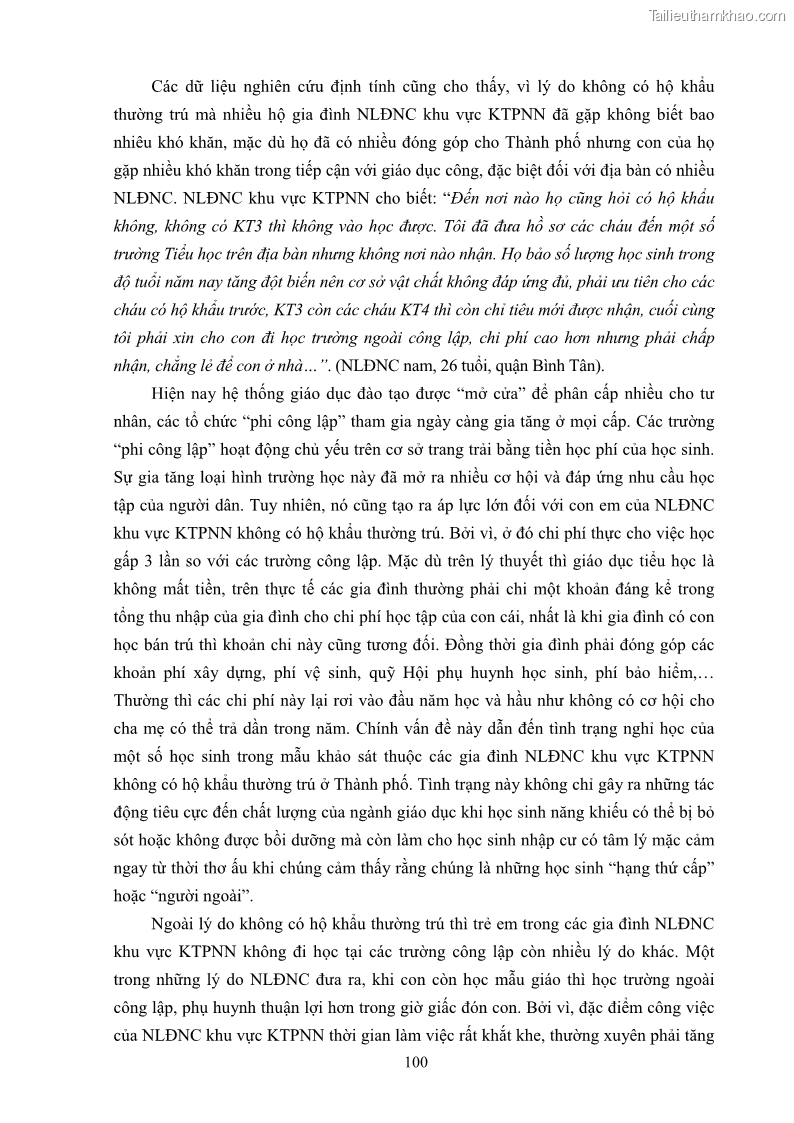 Luận án tiến sĩ công tác xã hội Dịch vụ công tác xã hội đối với người lao động nhập cư khu vực kinh tế phi nhà nước từ thực tiễn Thành phố Hồ Chí Minh - 10 Trang 110