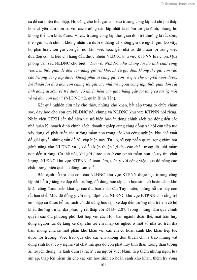 Luận án tiến sĩ công tác xã hội Dịch vụ công tác xã hội đối với người lao động nhập cư khu vực kinh tế phi nhà nước từ thực tiễn Thành phố Hồ Chí Minh - 10 Trang 111