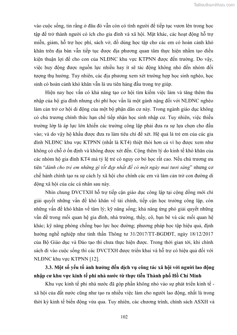Luận án tiến sĩ công tác xã hội Dịch vụ công tác xã hội đối với người lao động nhập cư khu vực kinh tế phi nhà nước từ thực tiễn Thành phố Hồ Chí Minh - 10 Trang 112