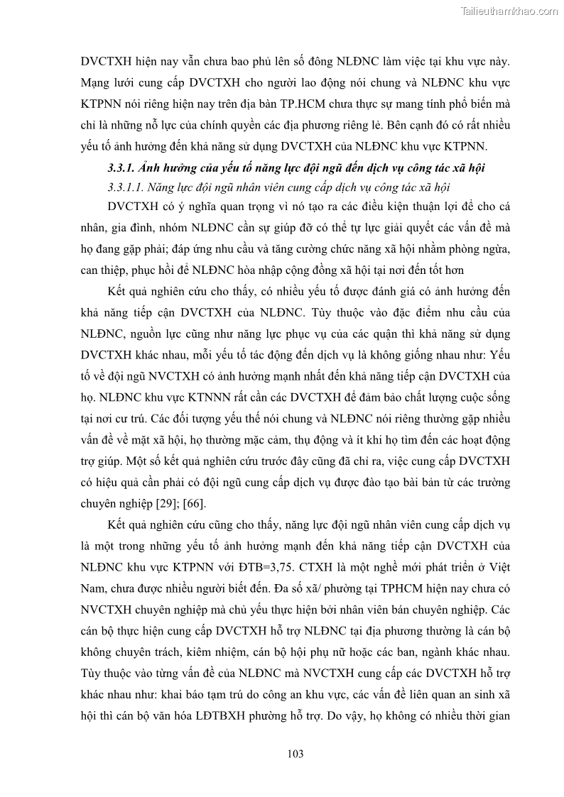 Luận án tiến sĩ công tác xã hội Dịch vụ công tác xã hội đối với người lao động nhập cư khu vực kinh tế phi nhà nước từ thực tiễn Thành phố Hồ Chí Minh - 10 Trang 113