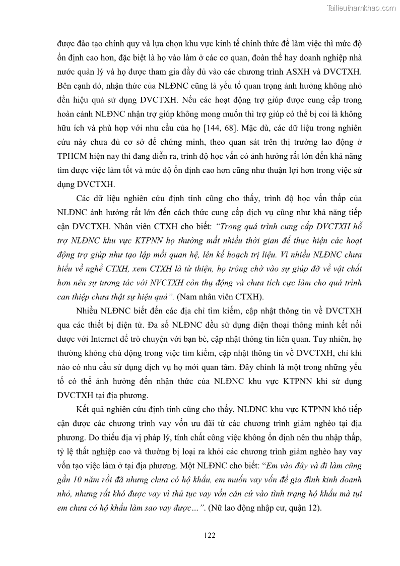 Luận án tiến sĩ công tác xã hội Dịch vụ công tác xã hội đối với người lao động nhập cư khu vực kinh tế phi nhà nước từ thực tiễn Thành phố Hồ Chí Minh - 11 Trang 132