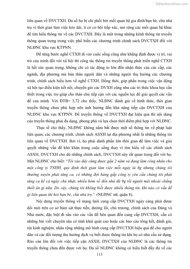 Luận án tiến sĩ công tác xã hội Dịch vụ công tác xã hội đối với người lao động nhập cư khu vực kinh tế phi nhà nước từ thực tiễn Thành phố Hồ Chí Minh - 11 Trang 123