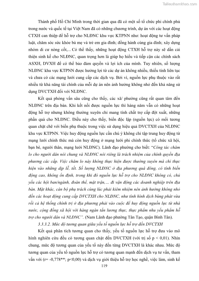 Luận án tiến sĩ công tác xã hội Dịch vụ công tác xã hội đối với người lao động nhập cư khu vực kinh tế phi nhà nước từ thực tiễn Thành phố Hồ Chí Minh - 11 Trang 129